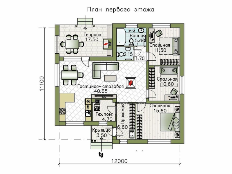 Проект одноэтажного дома 917А «Калисто», с тремя спальнями и островным камином, 109м2