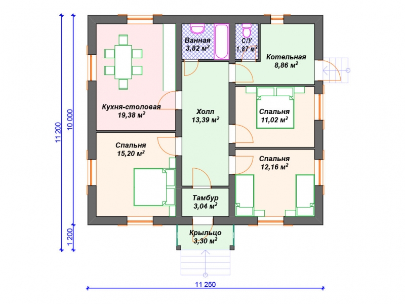 План дома одноэтажного с 3 спальнями и гаражом на 2 машины