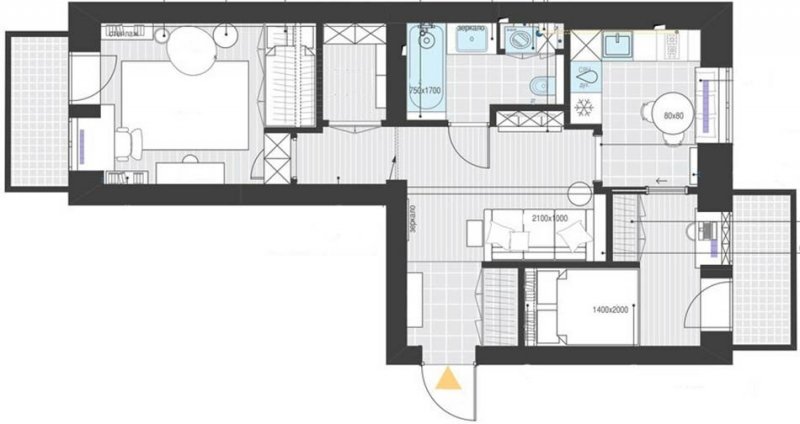 На 43 кв.м - спальня, детская, кухня, гостиная и потрясающий воображение интерьер