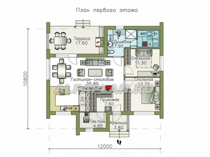 Проект одноэтажного дома 1010А «Альфа», 2 спальни и сауна, 94м2