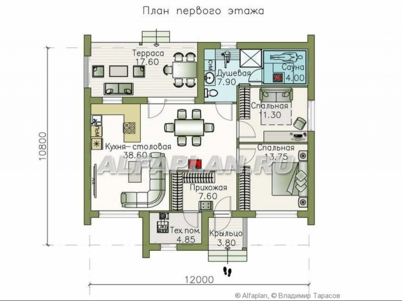 Проект одноэтажного дома 1010А «Альфа», 2 спальни и сауна, 94м2
