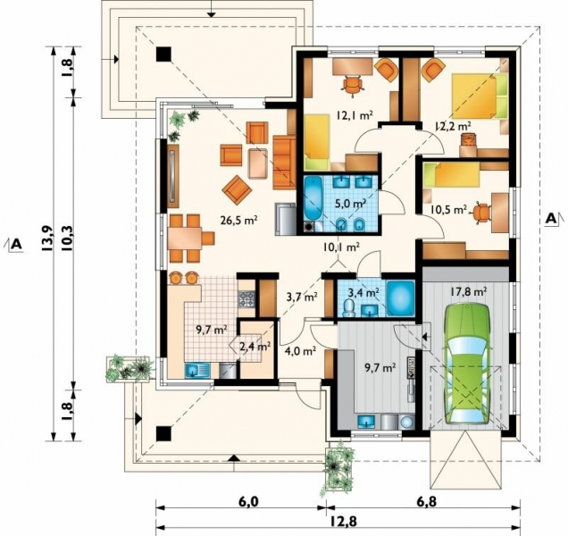 Проект одноэтажного дома с гаражом и террасой - 127 кв.м. (3 спальни). Хит продаж!