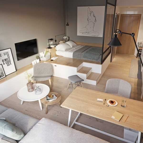 Выжать из квартиры-студии максимум: как впихнуть не только кухню, но и кровать с диваном