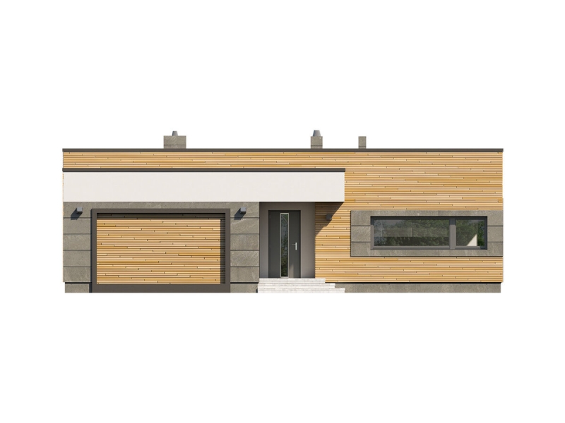 Проект одноэтажного дома с плоской крышей и гаражом - 110 кв.м. (2 спальни)