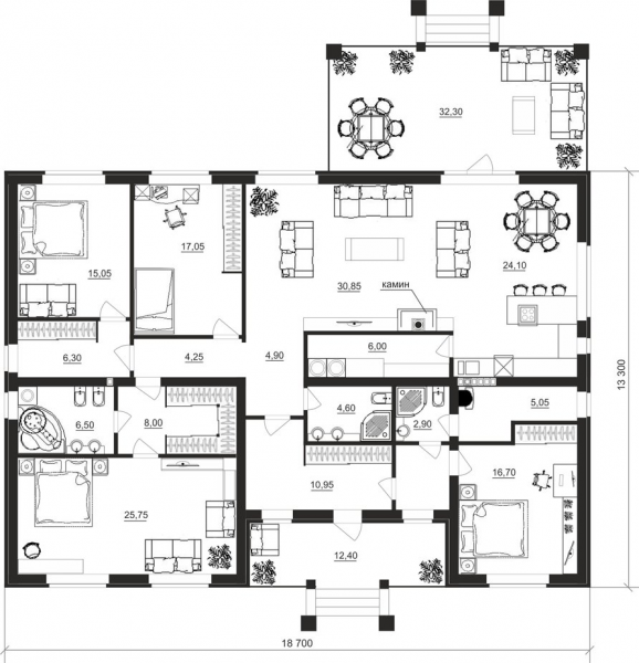 Проект одноэтажного дома с 4 спальнями и террасой - 192 кв.м.