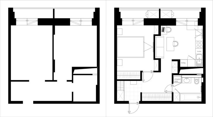 Планировка уютной однокомнатной квартиры 40 м2 метров