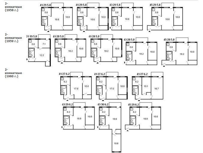 Типовые планировки хрущевок 1,2,3,4-комнатных с размерами