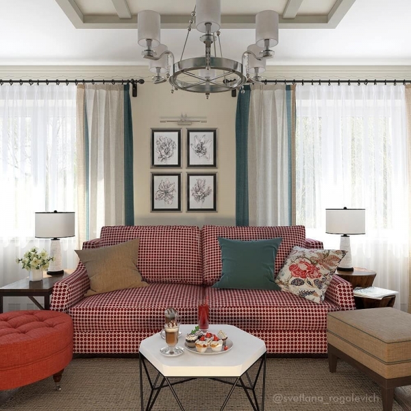 Как будет выглядеть гостиная, если шторы подобрать под цвет дивану. Рассматриваем на примерах